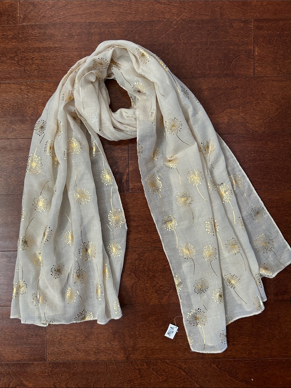 Ganz Lightweight Beige and Metallic Gold Thistle Flower Scarf, NWT